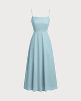 Blue Square Neck Shirred Slip Midi Dress - Threadford