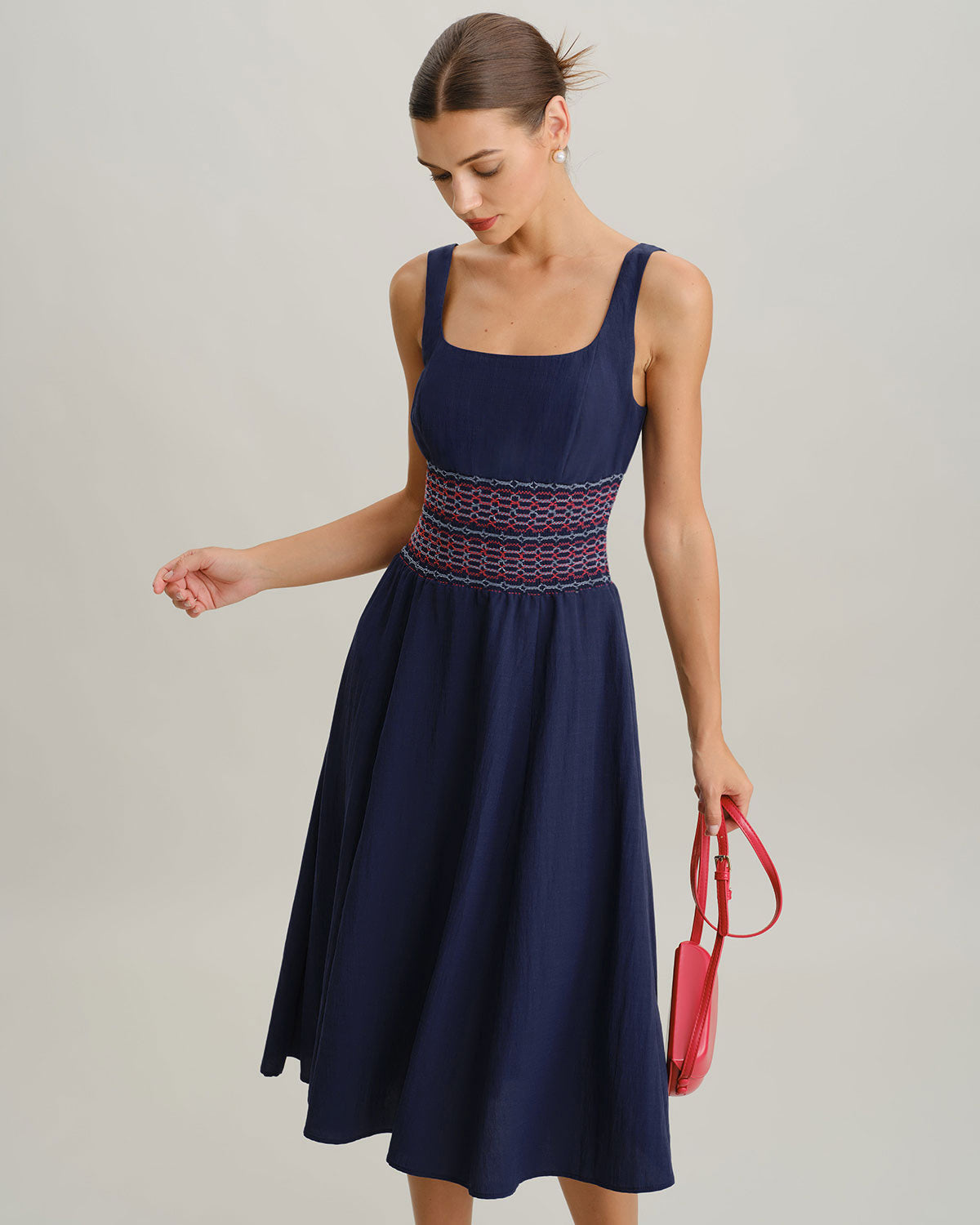 Blue Square Neck Shirred Slip Midi Dress - Threadford