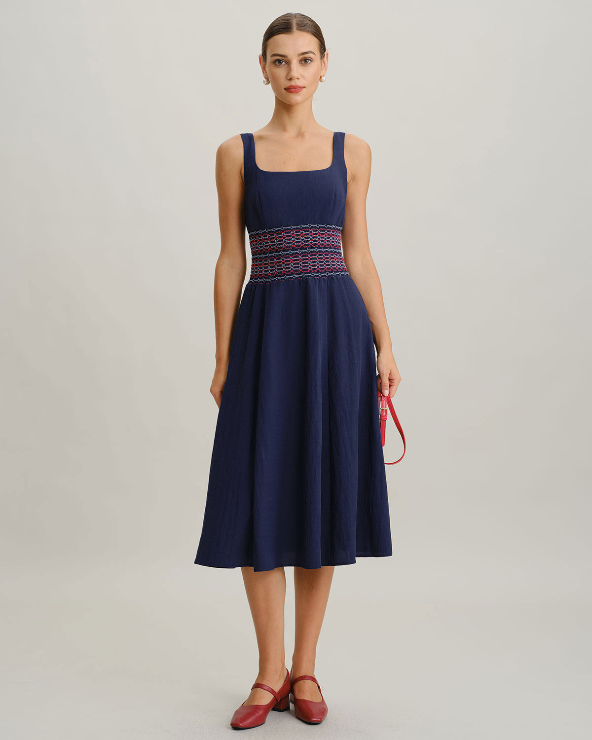 Blue Square Neck Shirred Slip Midi Dress - Threadford