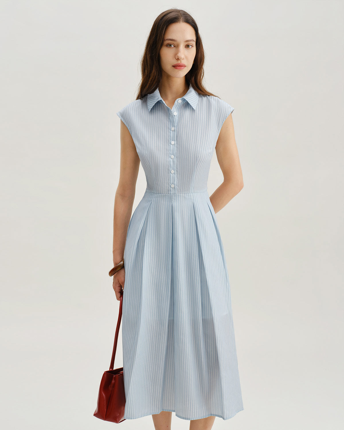 Blue Striped Cap Sleeve Midi Dress - Threadford