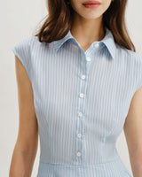 Blue Striped Cap Sleeve Midi Dress - Threadford