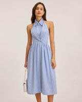 Blue Striped Twist Backless Midi Dress - Threadford