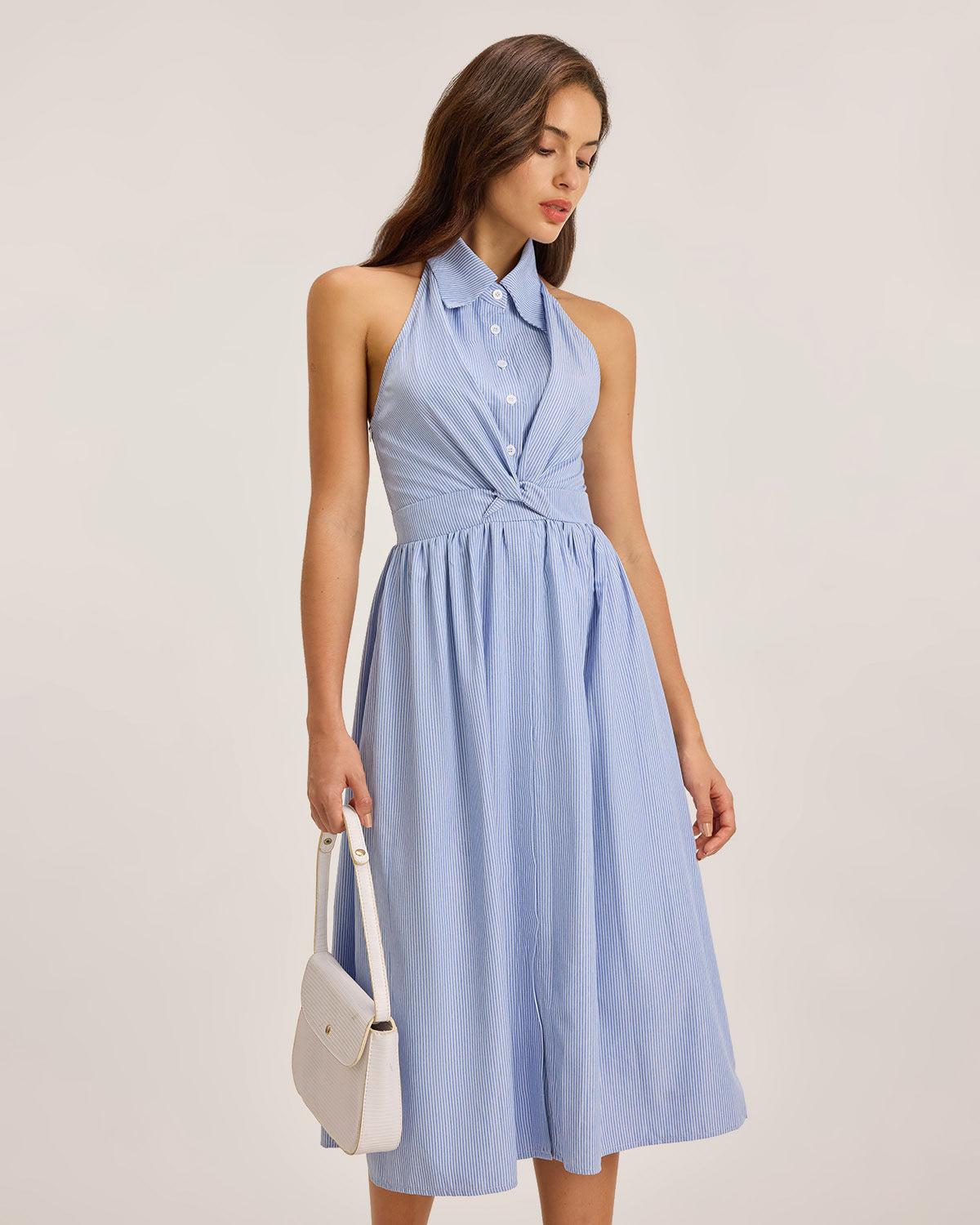 Blue Striped Twist Backless Midi Dress - Threadford