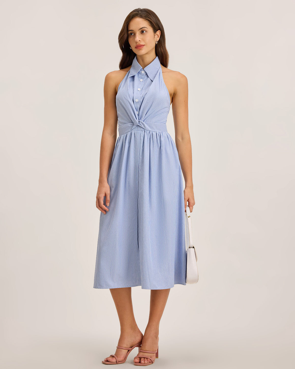 Blue Striped Twist Backless Midi Dress - Threadford