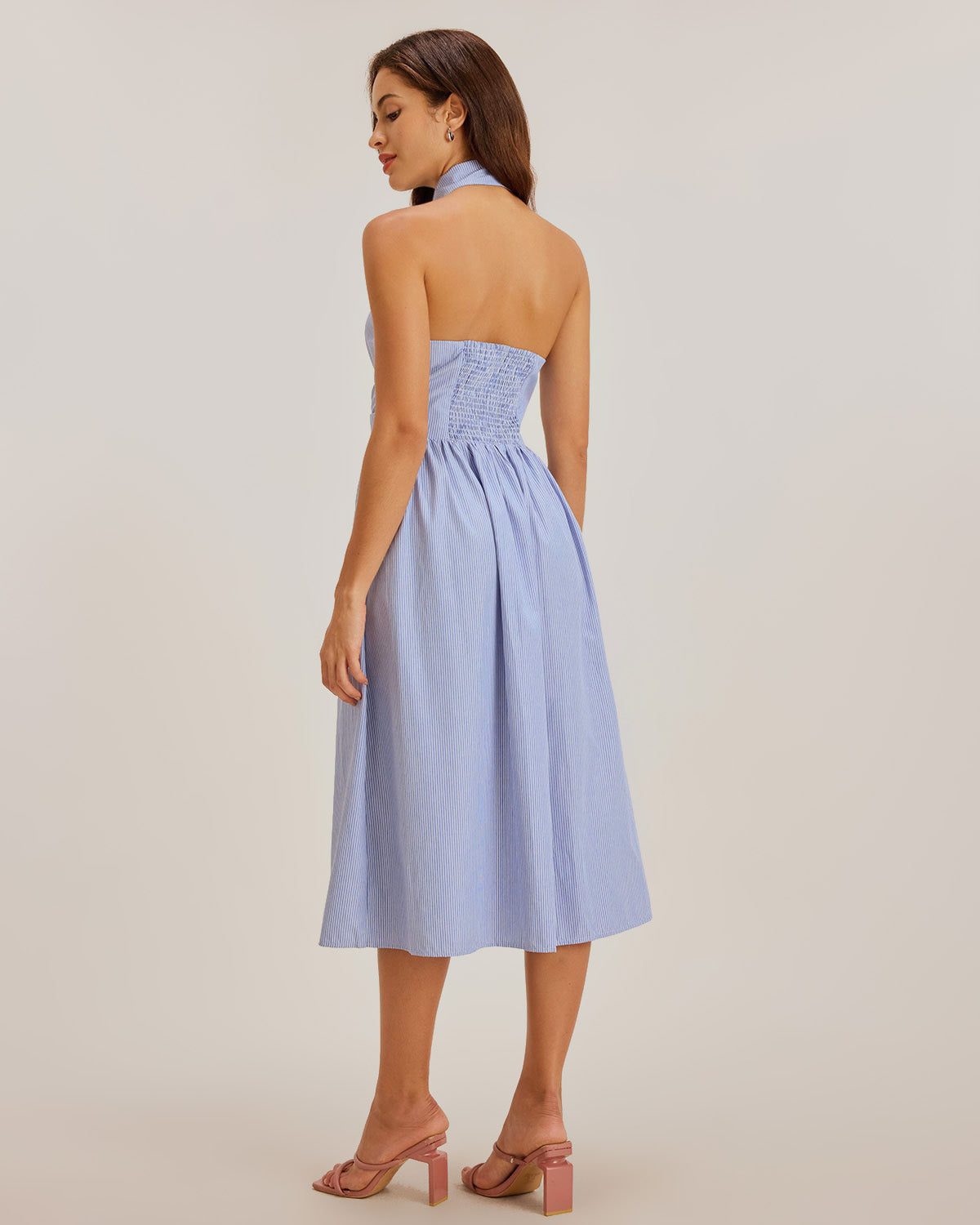 Blue Striped Twist Backless Midi Dress - Threadford