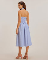 Blue Striped Twist Backless Midi Dress - Threadford