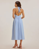 Blue Striped Twist Backless Midi Dress - Threadford