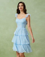 Blue Sweetheart Neck Tiered Midi Dress - Threadford