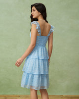 Blue Sweetheart Neck Tiered Midi Dress - Threadford