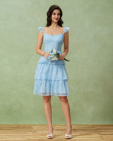 Blue Sweetheart Neck Tiered Midi Dress - Threadford