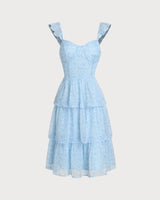 Blue Sweetheart Neck Tiered Midi Dress - Threadford