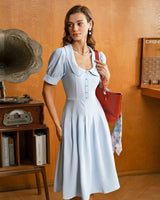 Blue U Neck Puffed Sleeve Pleated Midi Dress - Threadford