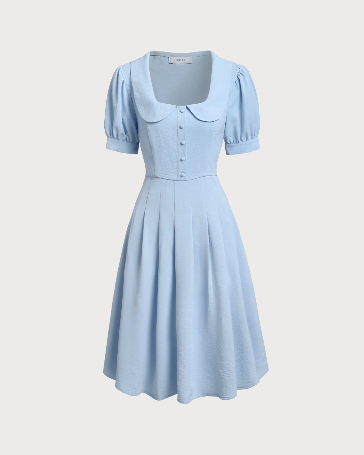 Blue U Neck Puffed Sleeve Pleated Midi Dress - Threadford