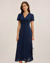 Blue V Neck Button Pleated Midi Dress - Threadford