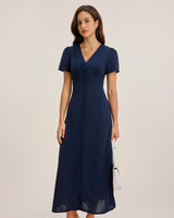 Blue V Neck Button Pleated Midi Dress - Threadford