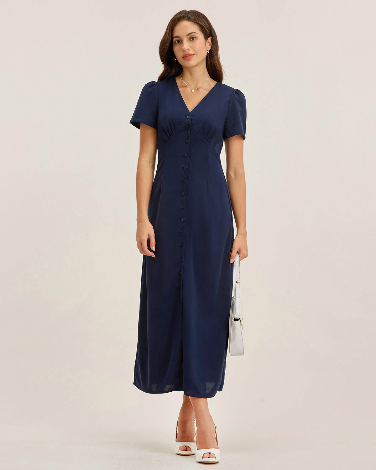 Blue V Neck Button Pleated Midi Dress - Threadford