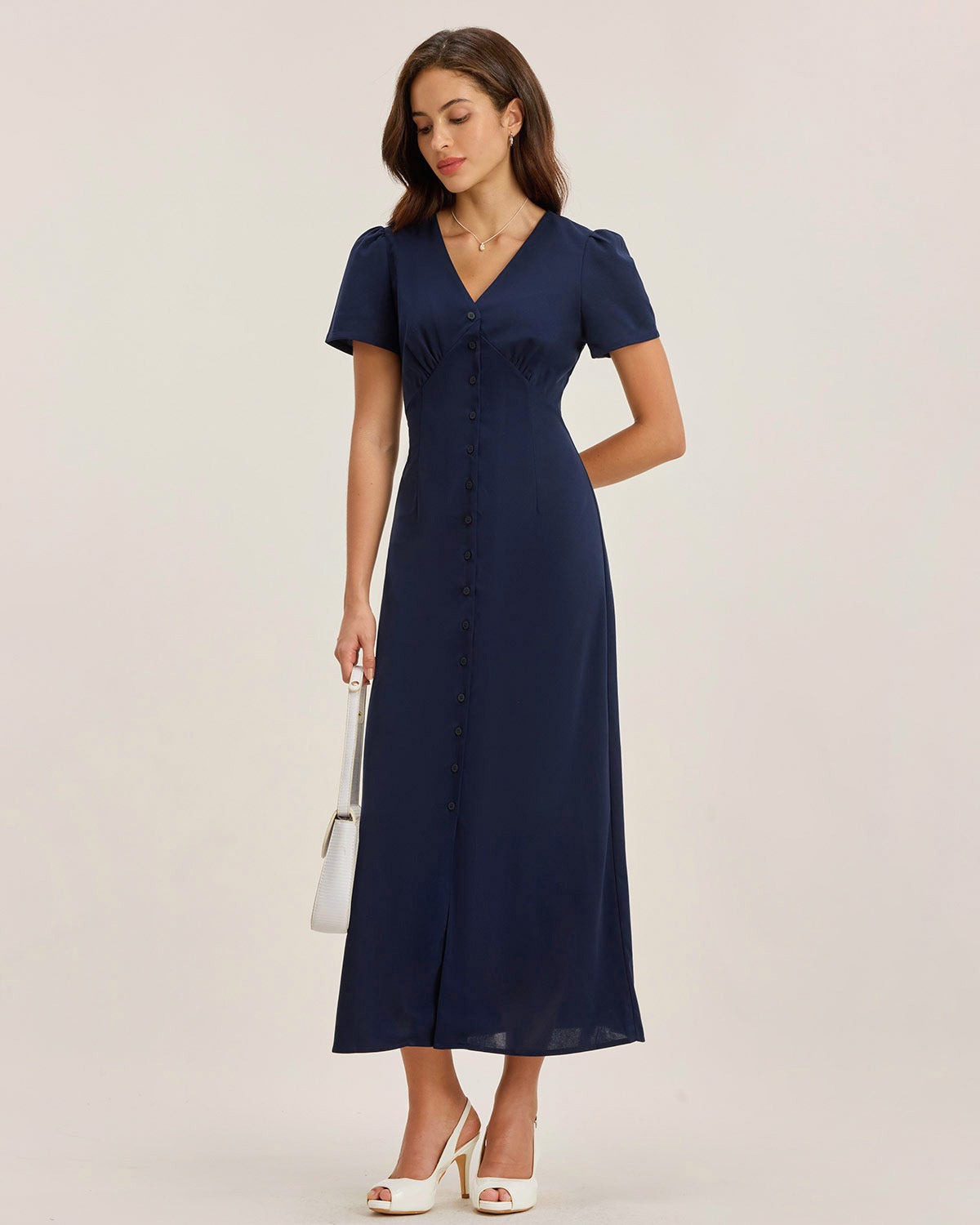 Blue V Neck Button Pleated Midi Dress - Threadford