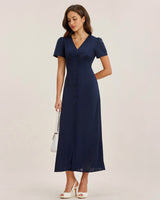 Blue V Neck Button Pleated Midi Dress - Threadford