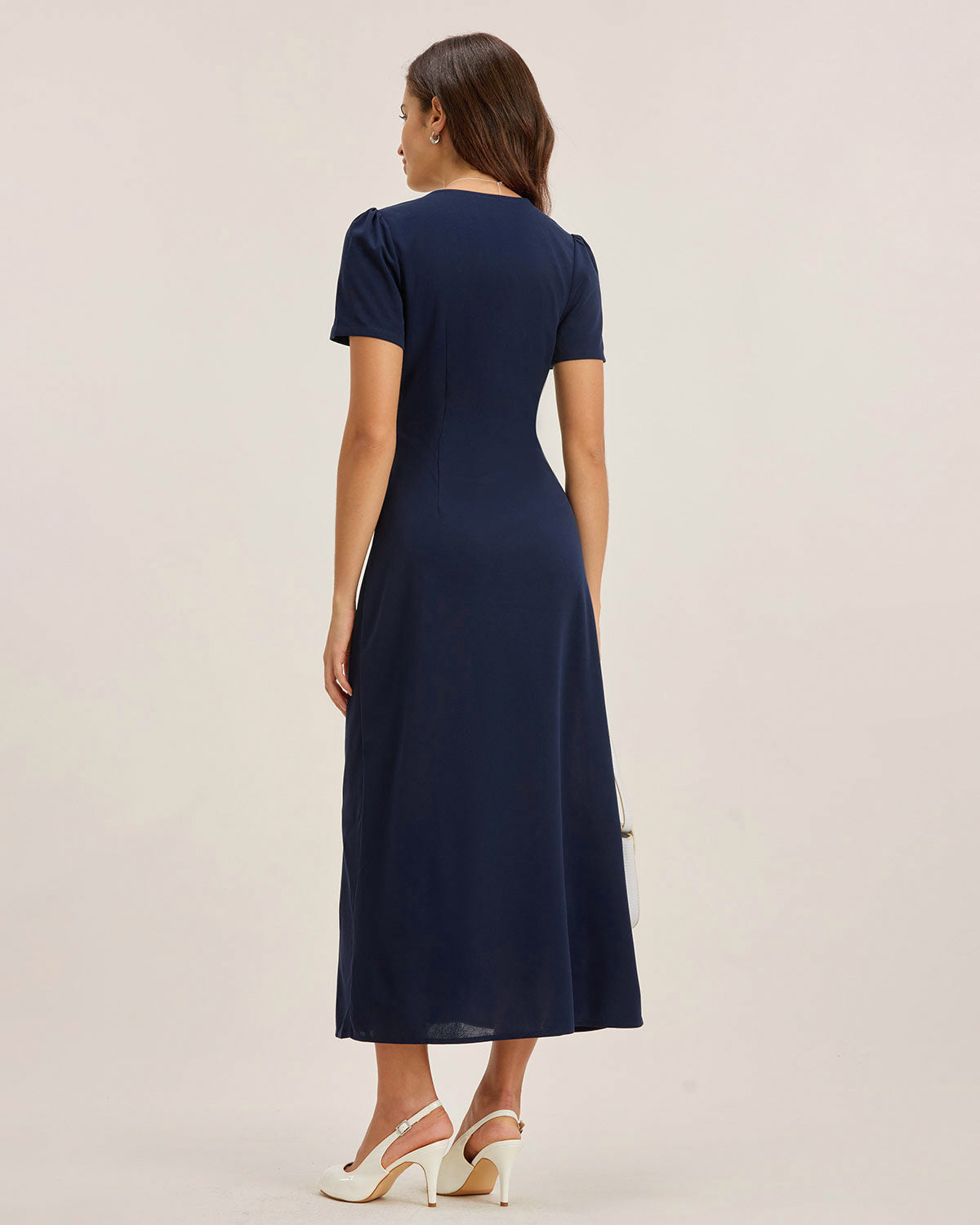 Blue V Neck Button Pleated Midi Dress - Threadford
