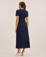 Blue V Neck Button Pleated Midi Dress - Threadford