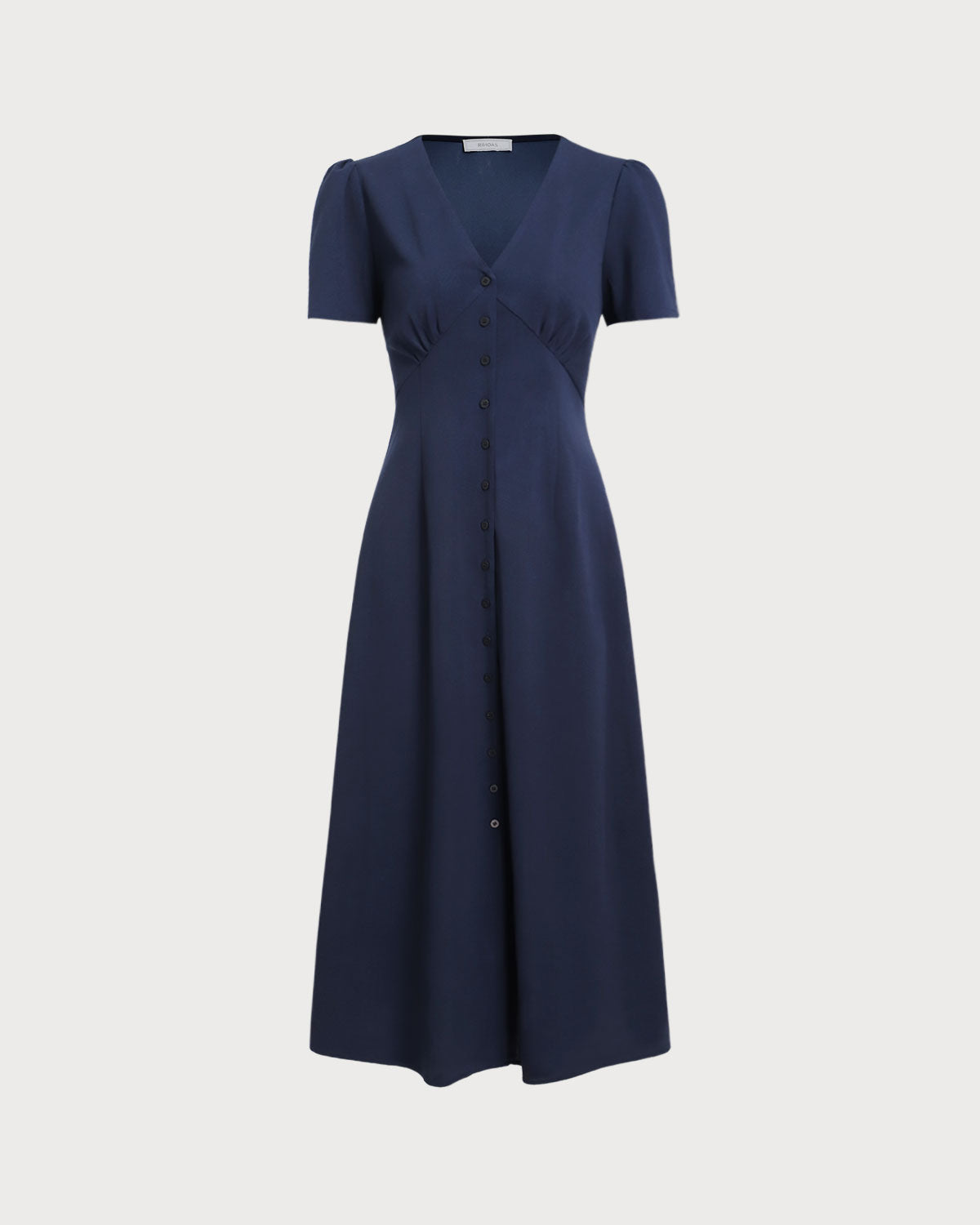 Blue V Neck Button Pleated Midi Dress - Threadford
