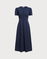 Blue V Neck Button Pleated Midi Dress - Threadford
