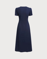 Blue V Neck Button Pleated Midi Dress - Threadford