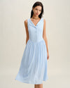 Blue V Neck Button Sleeveless Midi Dress - Threadford