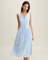 Blue V Neck Button Sleeveless Midi Dress - Threadford