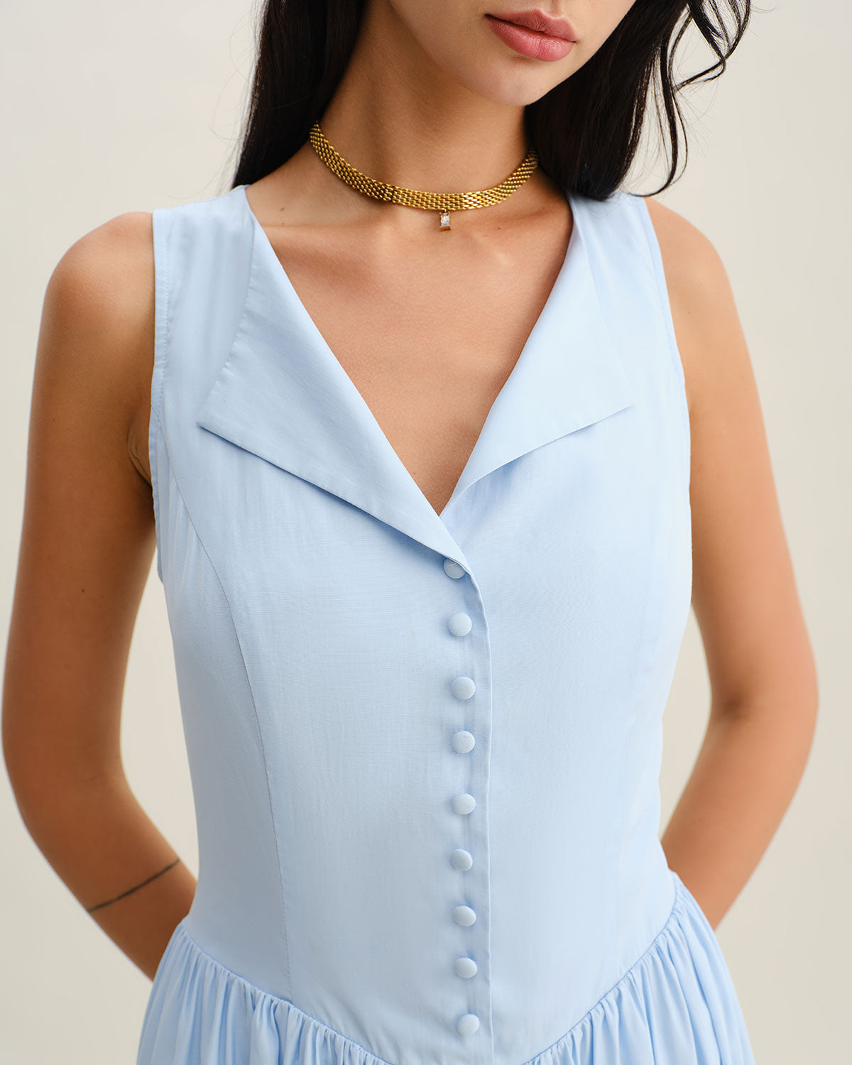 Blue V Neck Button Sleeveless Midi Dress - Threadford