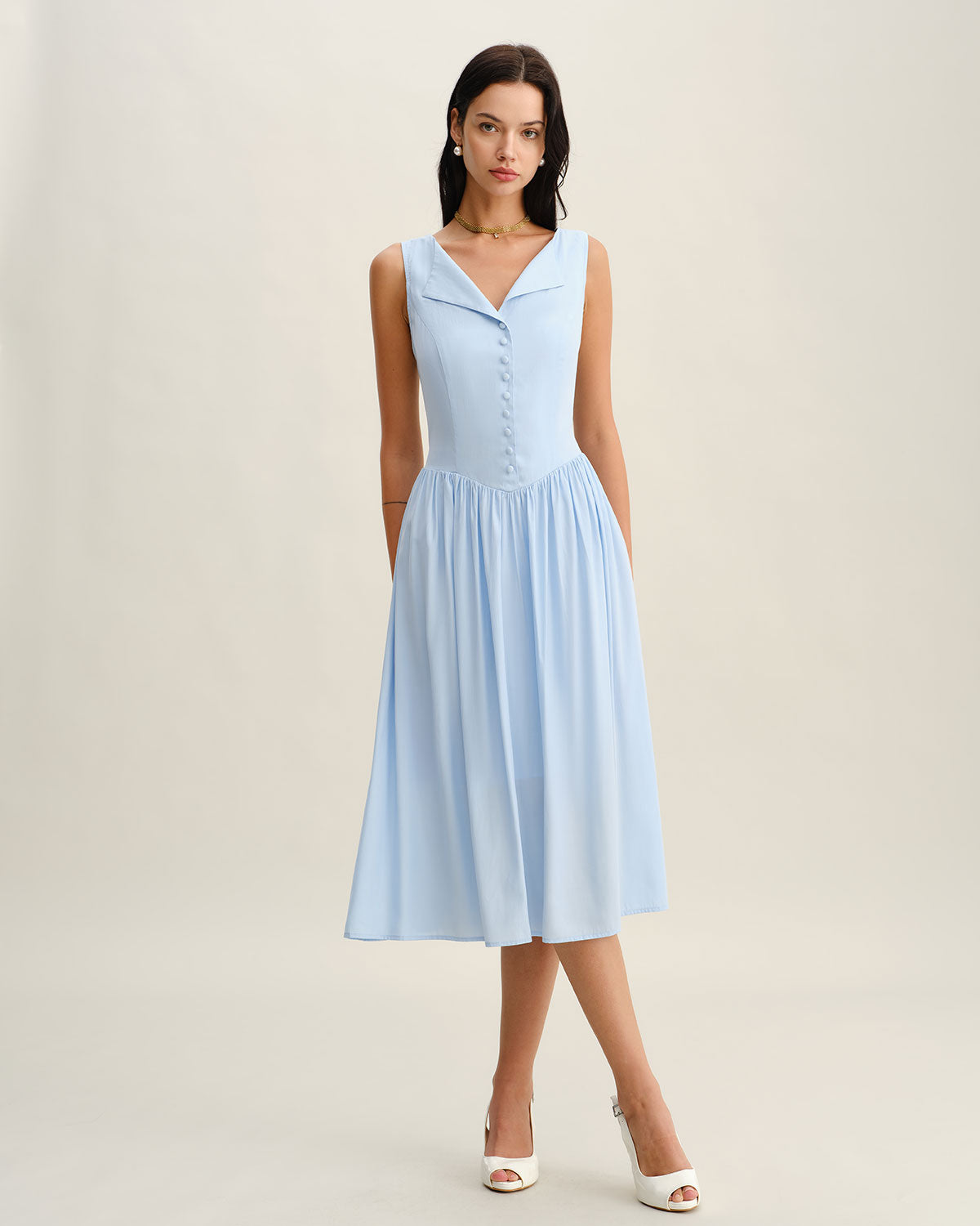 Blue V Neck Button Sleeveless Midi Dress - Threadford