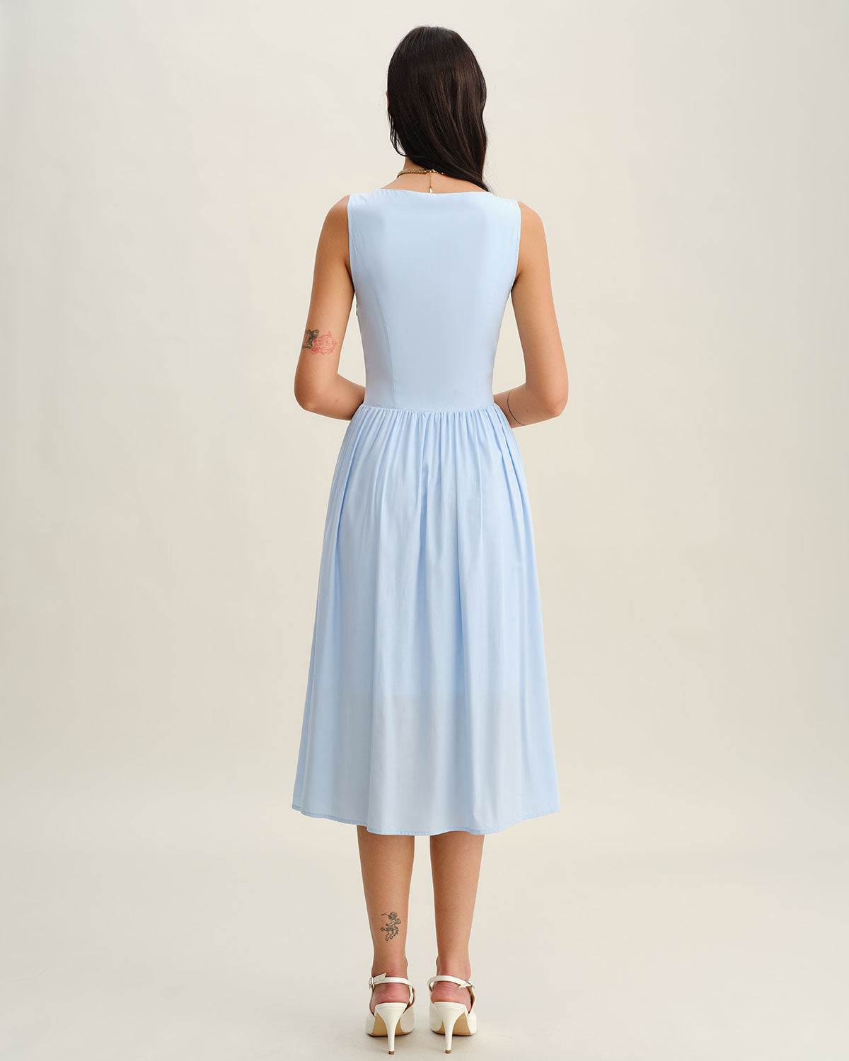 Blue V Neck Button Sleeveless Midi Dress - Threadford