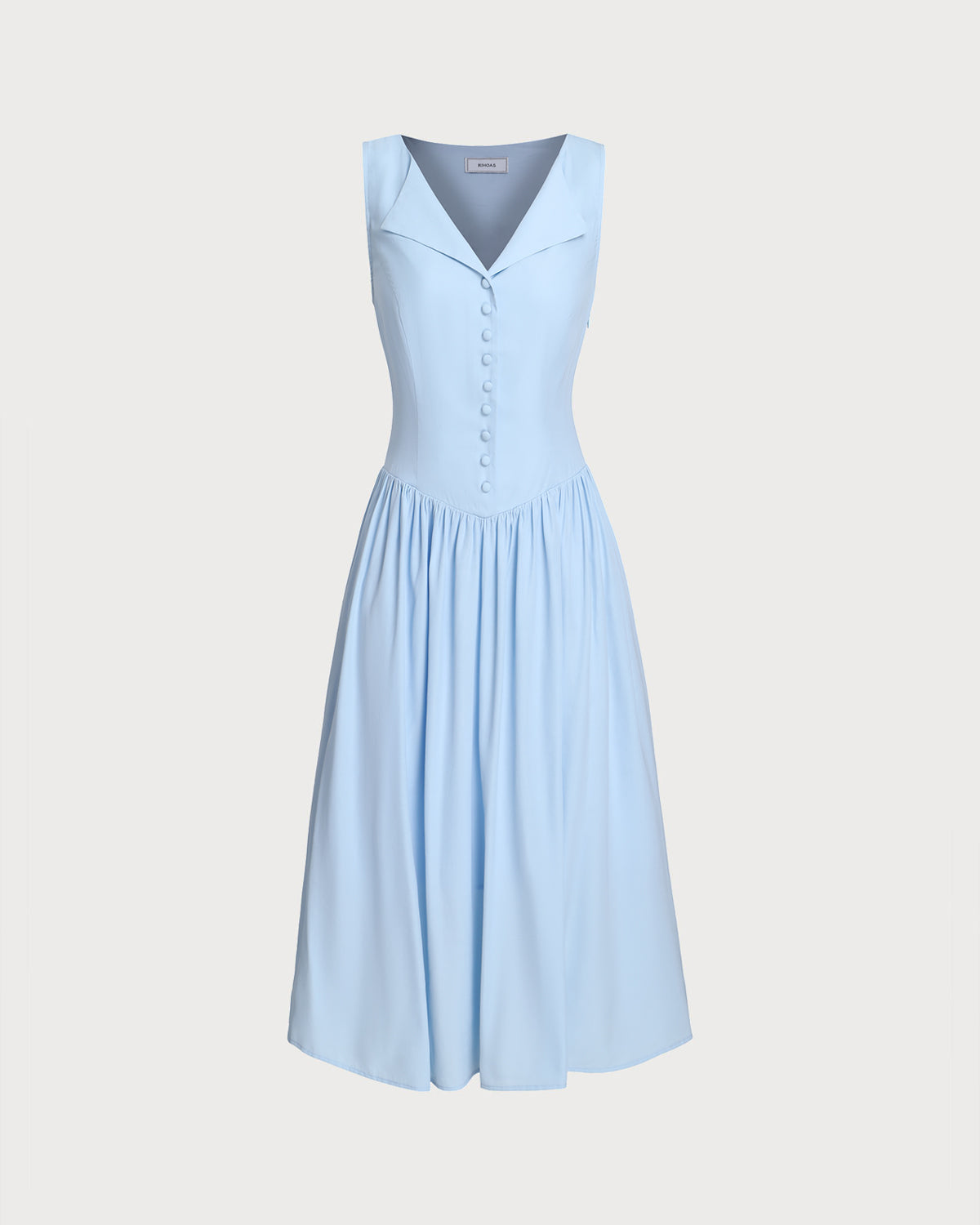 Blue V Neck Button Sleeveless Midi Dress - Threadford