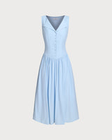 Blue V Neck Button Sleeveless Midi Dress - Threadford