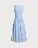 Blue V Neck Button Sleeveless Midi Dress - Threadford