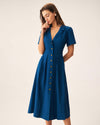 Blue V Neck Pleated Button Midi Dress - Threadford