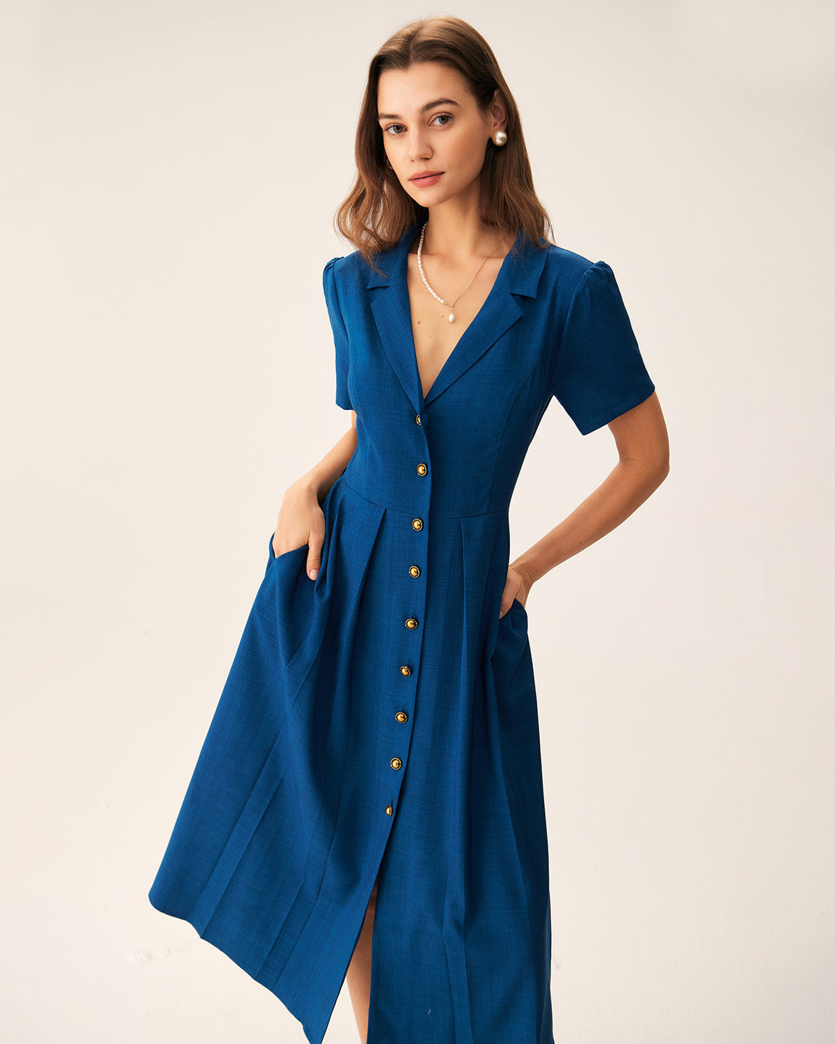 Blue V Neck Pleated Button Midi Dress - Threadford