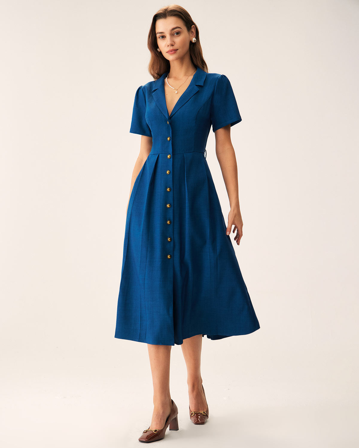 Blue V Neck Pleated Button Midi Dress - Threadford