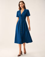 Blue V Neck Pleated Button Midi Dress - Threadford