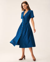 Blue V Neck Pleated Button Midi Dress - Threadford
