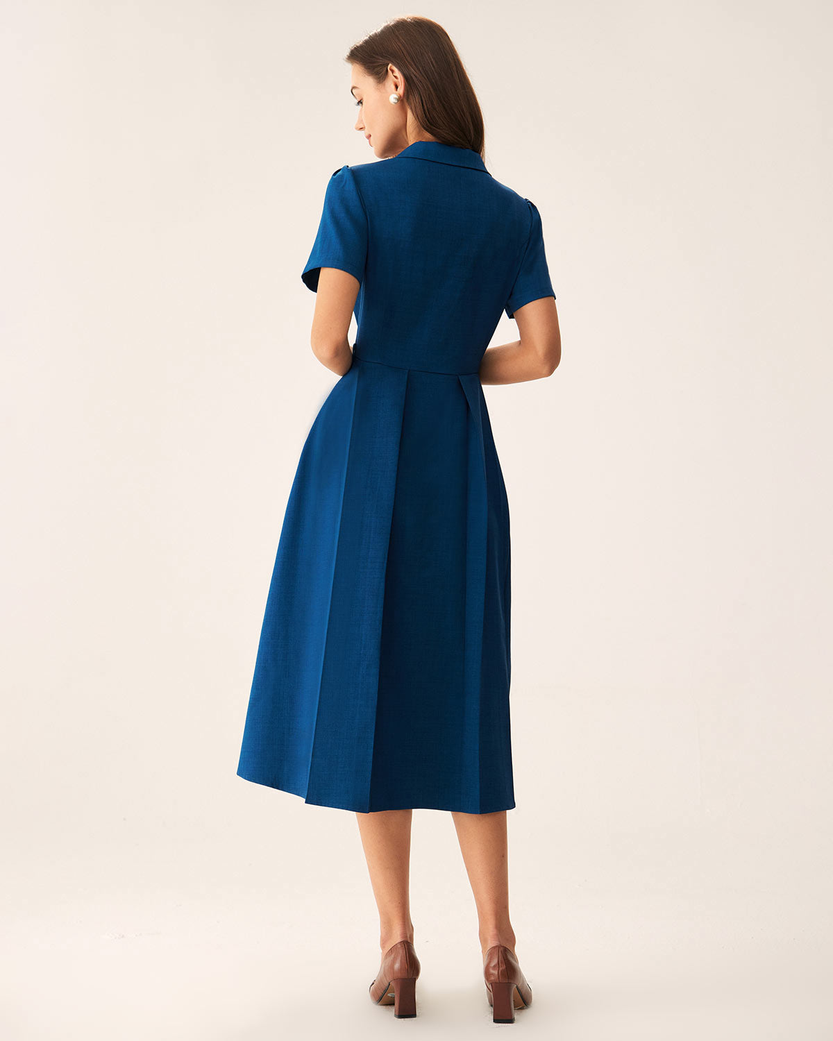 Blue V Neck Pleated Button Midi Dress - Threadford