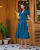 Blue V Neck Pleated Button Midi Dress - Threadford