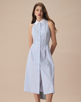 The Blue Lapel Button-Up Striped Midi Dress - Threadford