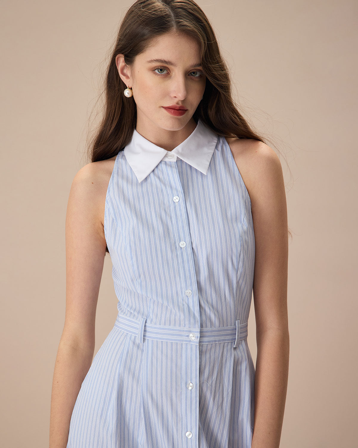 The Blue Lapel Button-Up Striped Midi Dress - Threadford