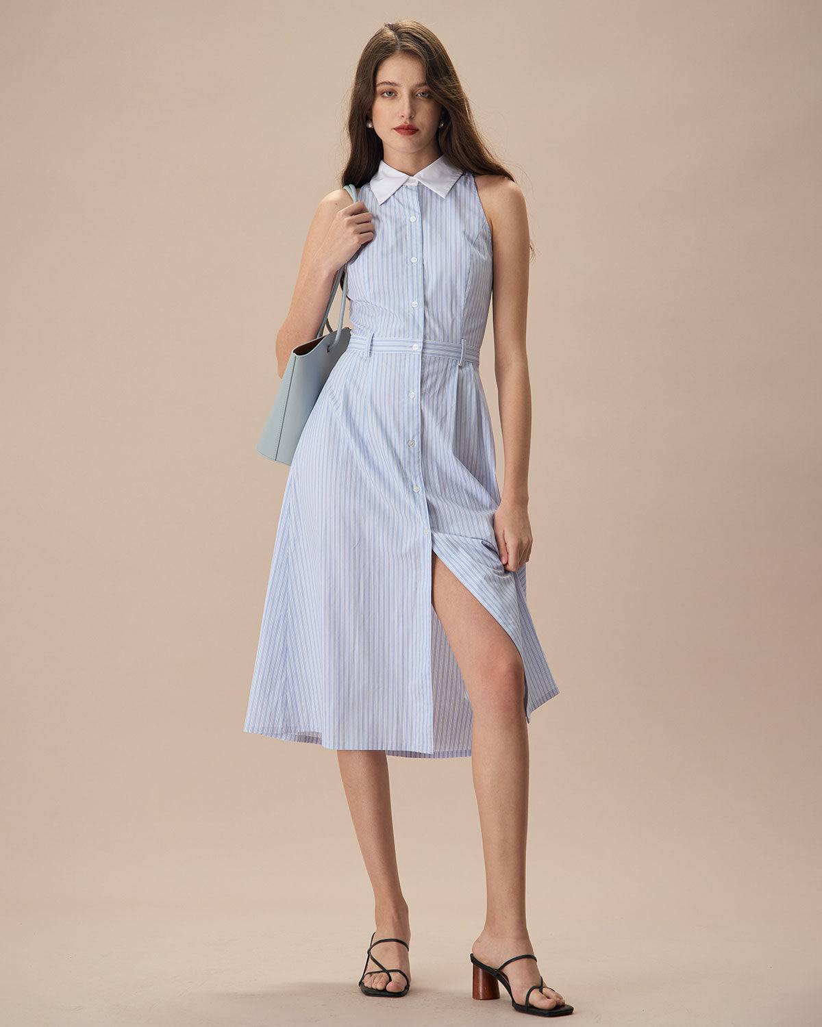 The Blue Lapel Button-Up Striped Midi Dress - Threadford