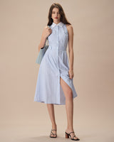 The Blue Lapel Button-Up Striped Midi Dress - Threadford