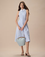 The Blue Lapel Button-Up Striped Midi Dress - Threadford