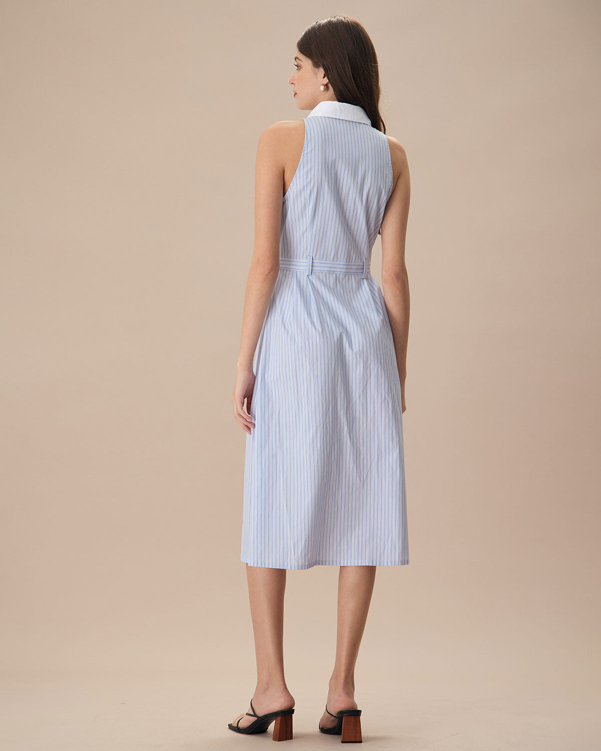 The Blue Lapel Button-Up Striped Midi Dress - Threadford