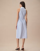 The Blue Lapel Button-Up Striped Midi Dress - Threadford