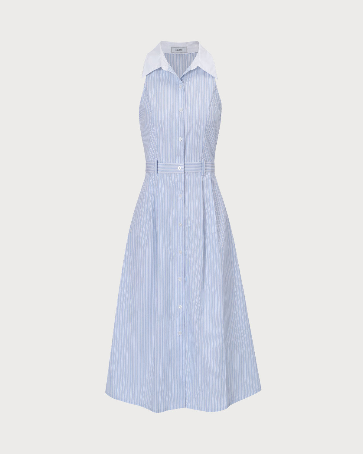The Blue Lapel Button-Up Striped Midi Dress - Threadford